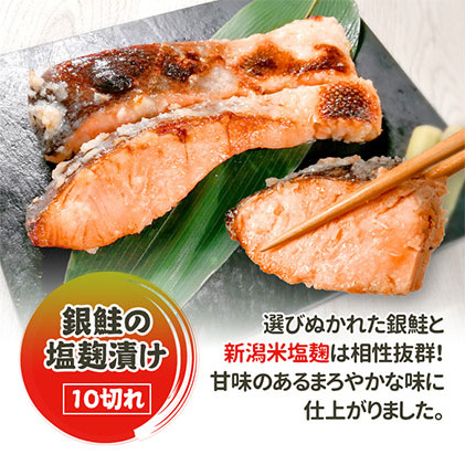 銀鮭塩麹漬け 10切 鮭 銀鮭 銀シャケ さけ サケ しゃけ シャケ サーモン 塩鮭 切り身 魚 海産物 魚介 魚介類 惣菜 おかず ごはんのお供 朝ごはん お弁当 漬魚 冷凍 新潟 新潟県新潟市15000魚介