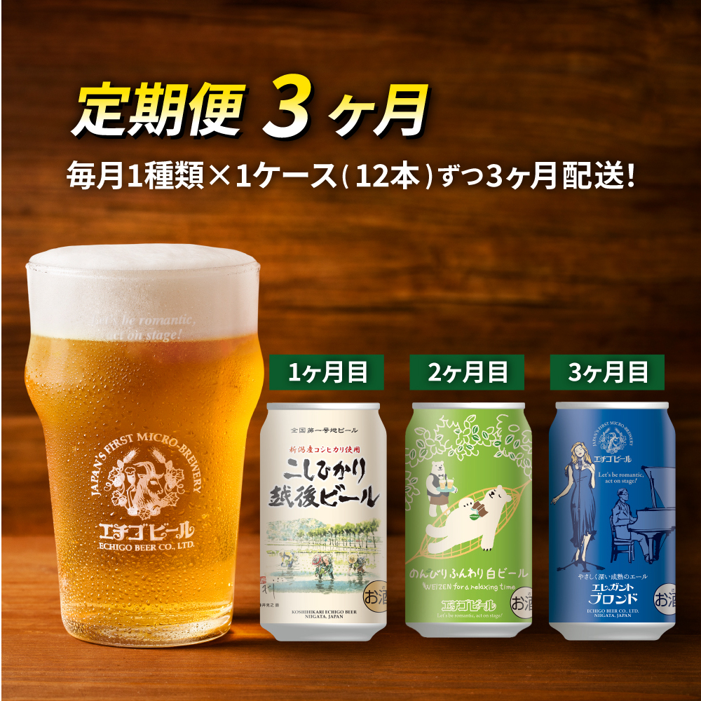 【定期便3ヶ月】エチゴビール【1ヶ月目】こしひかり越後ビール350ml缶×12本【2ヶ月目】のんびりふんわり白ビール350ml缶×12本【3ヶ月目】エレガントブロンド350ml缶×12本 ビール 350ml 12本 酒