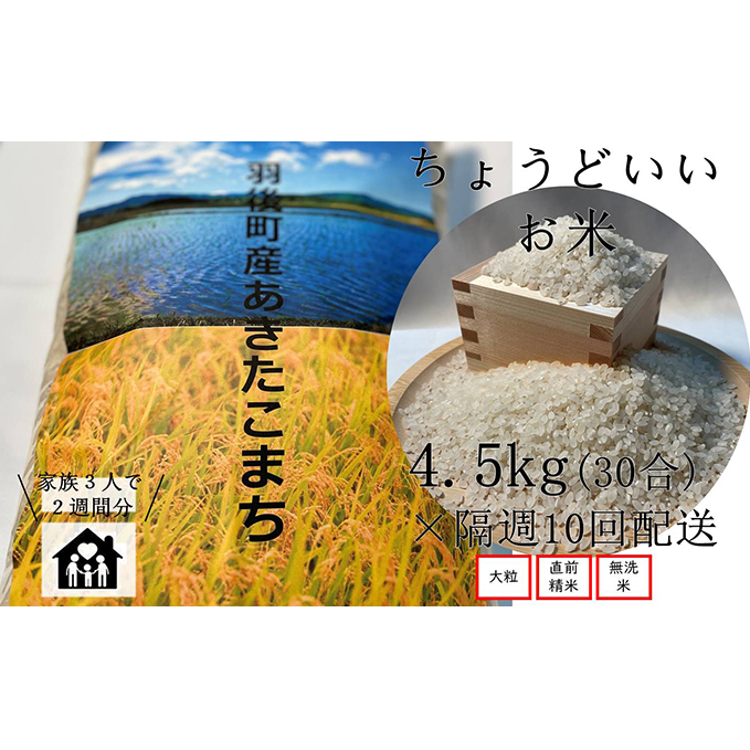 ちょうどいい量のお米 定期便 ◎ あきたこまち 無洗米(4.5kg×隔週10回) ライス 白米 ブランド米 銘柄米 おにぎり お弁当 秋田県産 産地直送 ご飯 時短 精米したて 粒大きめ 秋田県羽後町8100