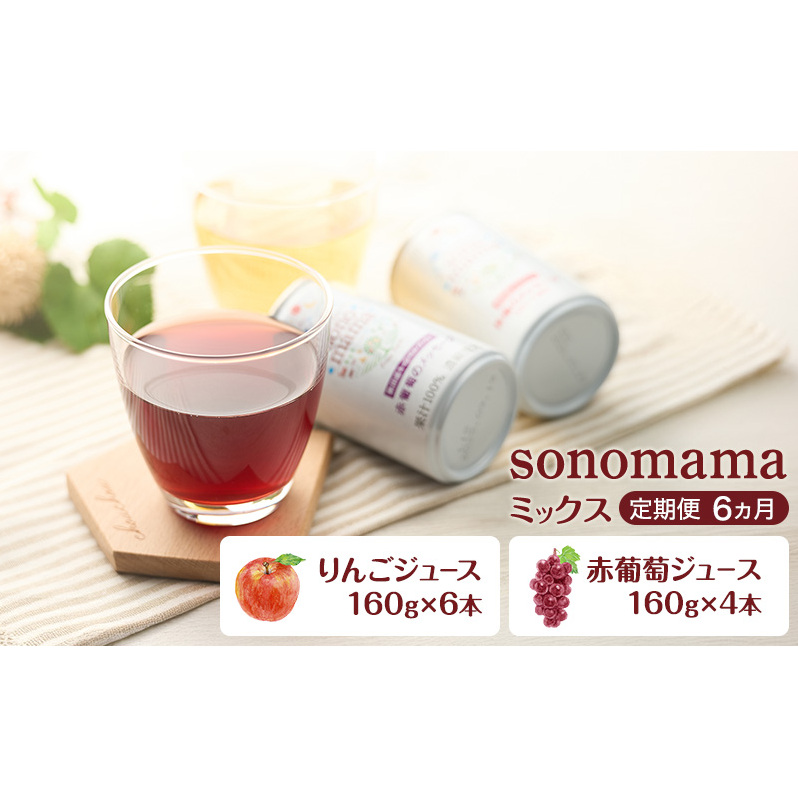 《 定期便 6ヵ月 》ミックス「sonomama」(160g×10本)りんごジュース 赤ぶどうジュース ジュース 飲料秋田県羽後町61000お茶・飲料果汁・野菜飲料