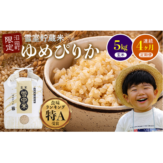 【定期便4ヶ月】11月発送開始 ゆめぴりか玄米5kg 計4回毎月お届け 令和7年産 雪冷気 籾貯蔵 北海道 雪中米 特Aランク北海道沼田町48000米・パン玄米・雑穀米・もち米・餅