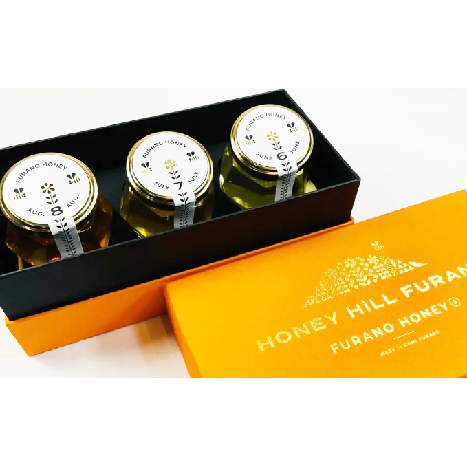 FURANO HONEY【678】3個セット 加工食品 蜂蜜 はちみつ 栄養 ギフトBOX 瓶 ドリンク パン ハーブ 苦味 フルーツ 詰め合わせ 北海道上富良野町14000調味料・油その他 調味料・油