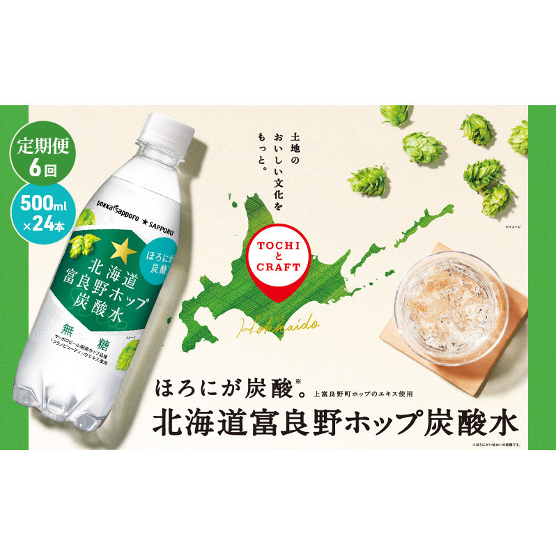 北海道 定期便 6ヵ月 連続 全6回 炭酸水 500ml × 24本 北海道富良野ホップ炭酸水 ポッカサッポロ 無糖 北海道富良野ホップ ペットボトル 炭酸飲料 炭酸 ソーダ ソーダ水 飲料 ドリンク (有)リカ