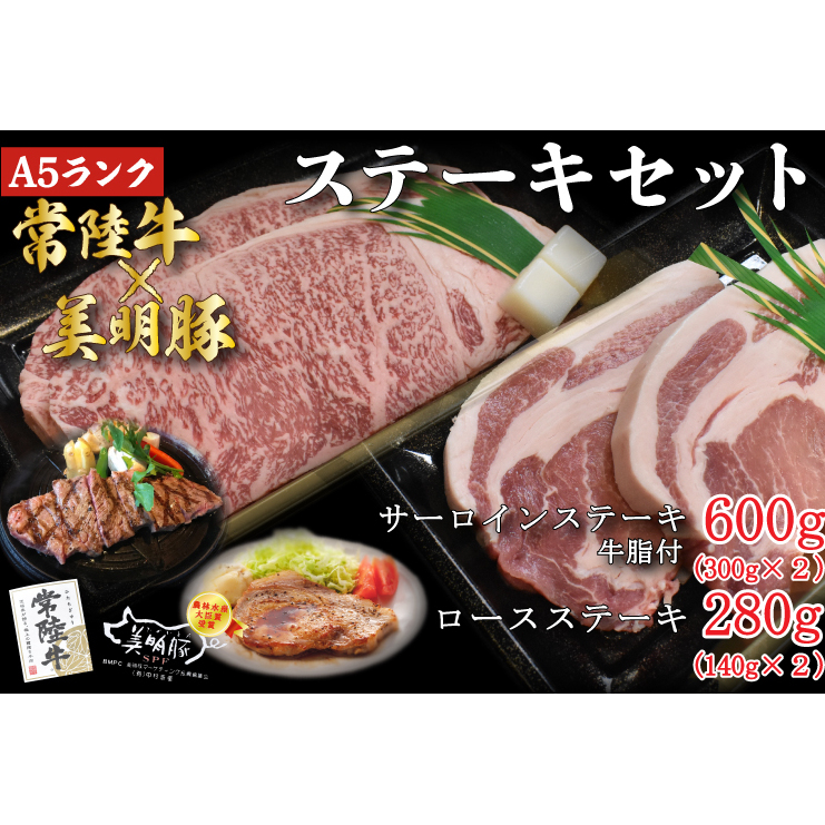 DT-23【常陸牛A5ランク・美明豚ステーキセット】常陸牛サーロインステーキ600g(300g×2枚)+美明豚ロースステーキ280g(140g×2枚)茨城県行方市33000肉牛肉