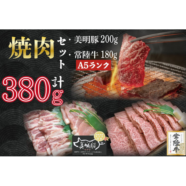 DT-25【常陸牛A5ランク・美明豚焼肉セット】常陸牛カルビ180g+美明豚200g(ロース100g・ばら100g)茨城県行方市9000肉牛肉