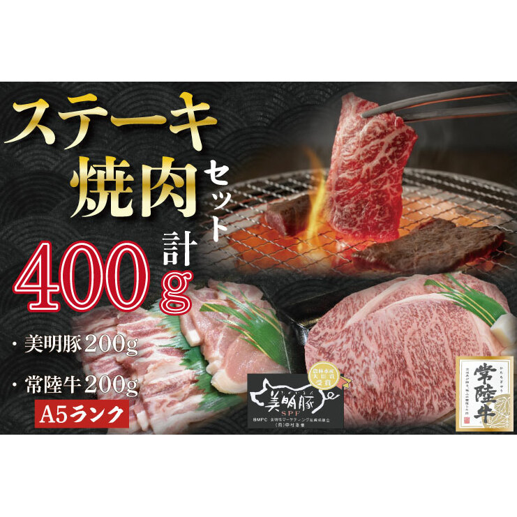 DT-37【常陸牛A5ランク・美明豚ステーキ焼肉セット】常陸牛サーロイン200g+美明豚200g(ロース100g・ばら100g)茨城県行方市13000肉牛肉