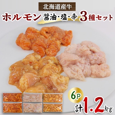 北海道産牛MIXホルモン3種盛り(醤油、塩、辛)1.2kg(200g×各2Pずつ)【配送不可地域:離島】【1346047】北海道帯広市16000肉加工肉(ハム・ソーセージ等)