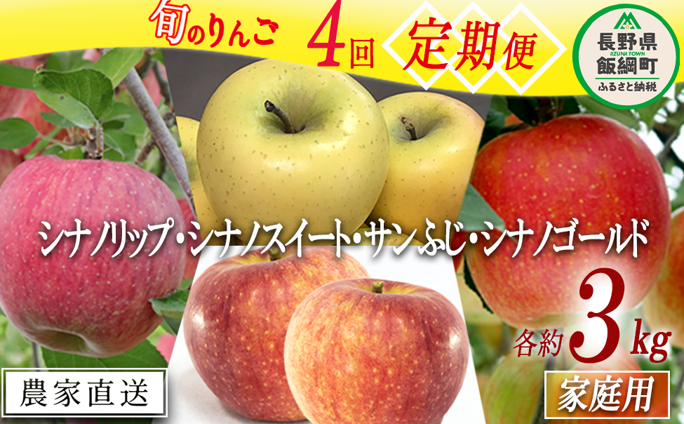 旬のりんご 【 定期便 】 家庭用 3kg × 4回 大友農場 エコファーマー認定 沖縄県への配送不可 2025年8月中旬頃から2026年1月中旬頃まで順次発送予定 令和7年度収穫分 信州 果物 フルーツ リンゴ
