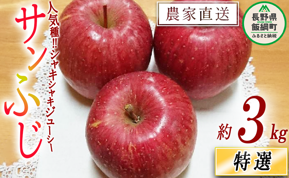 りんご サンふじ 特選 3kg やまじゅうファーム 沖縄県への配送不可 2025年12月上旬頃から2025年12月中旬頃まで順次発送予定 令和7年度収穫分 信州の環境にやさしい農産物 減農薬栽培 長野県 飯