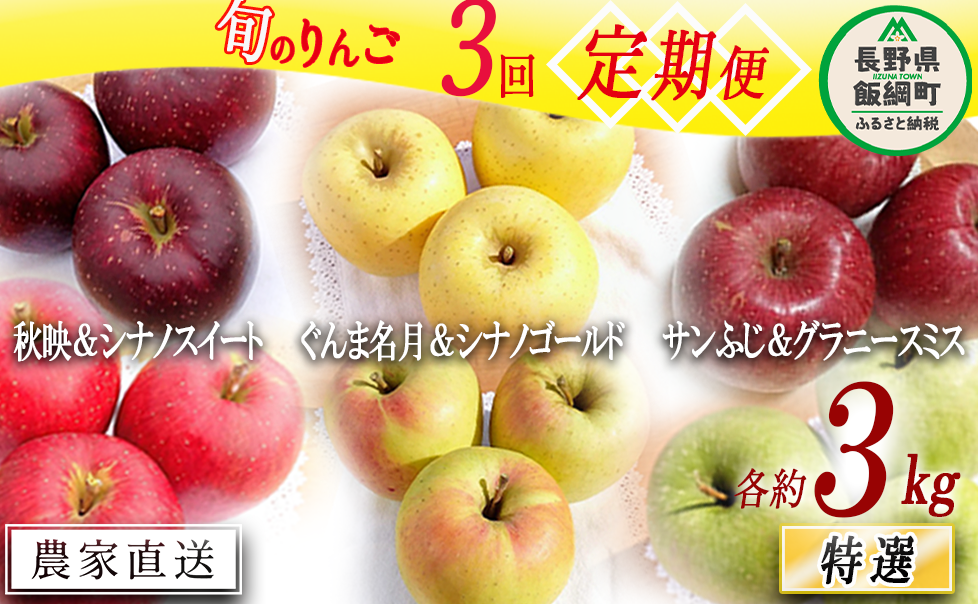 旬のりんご 【 定期便 】 2品種 詰め合わせ 特選 3kg × 3回 やまじゅうファーム 沖縄県への配送不可 2025年10月中旬頃から2025年12月下旬頃まで順次発送予定 令和7年度収穫分 信州の環境にやさ