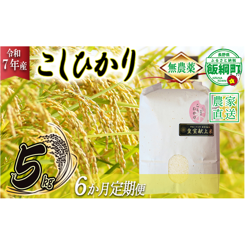 米 無農薬栽培 こしひかり 5kg × 6回 【 6か月 定期便 】( 令和7年産 ) 特別栽培米 仲俣農園 2025年10月上旬頃から順次発送予定 コシヒカリ 白米 精米 お米 無農薬 数量限定 信州 192000円 予約 農