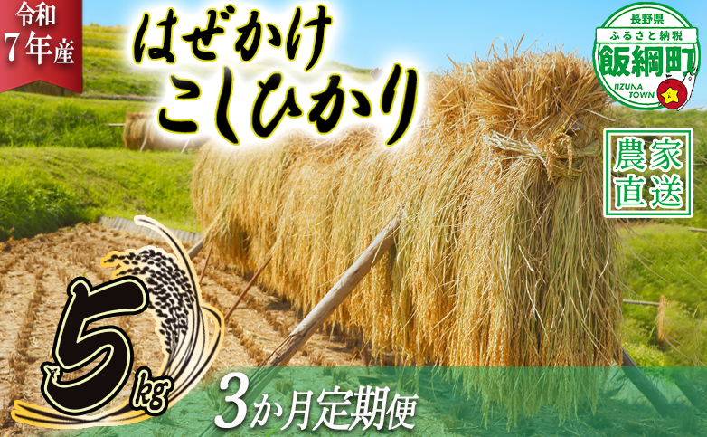 米 はぜかけ こしひかり 5kg × 3回 【 3か月 定期便 】( 令和7年産 ) 増田ファーム 沖縄県への配送不可 2025年11月上旬頃から順次発送予定 コシヒカリ 白米 精米 お米 信州 予約 農家直送 長野県