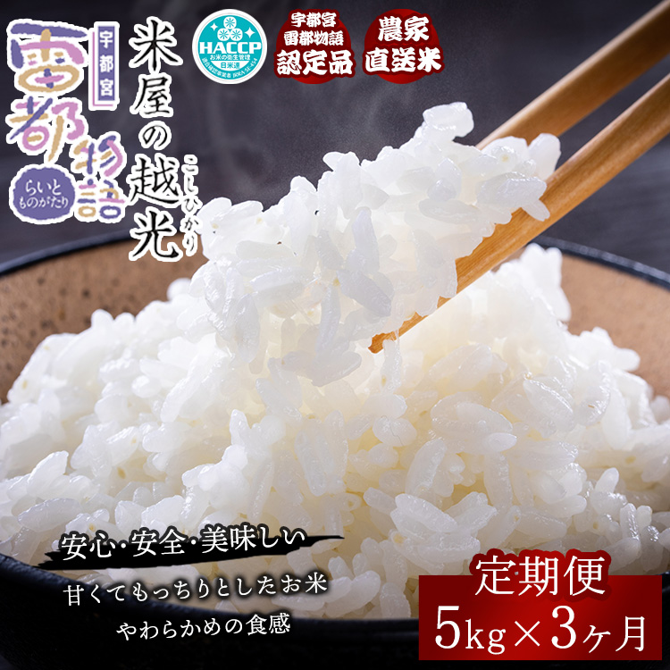 【3ヶ月定期便】栃木県産コシヒカリ 「米屋の越光」5kg×3ヶ月 ◇栃木県宇都宮市60000米・パン白米