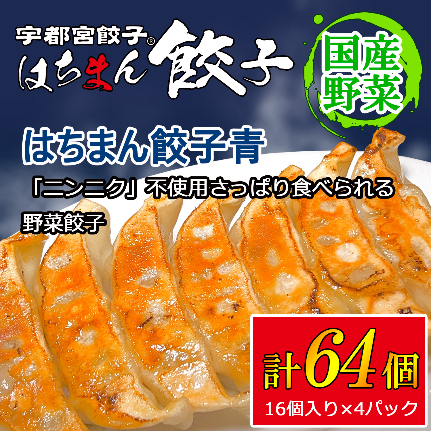 宇都宮餃子 はちまん餃子 青 野菜餃子 64個(16個入り×4パック/1個 22g) | 宇都宮餃子 国産野菜 グルメ 宇都宮市 野菜 餃子 ぎょうざ ギョーザ 野菜 冷凍食品 冷凍餃子 焼き餃子 水餃子栃木