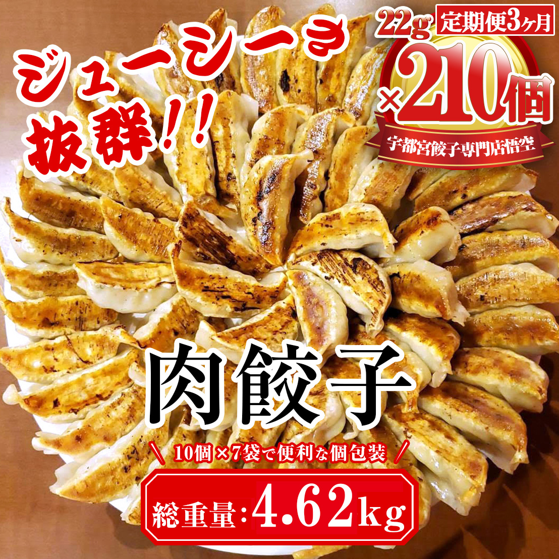 【3ヶ月定期便】餃子専門店 宇都宮 悟空 肉餃子 22g×70個入×3ヶ月 | 餃子 冷凍 ぎょうざ ギョーザ 大容量 肉たっぷり 肉多め 人気 名物 行列 国産野菜 国産豚肉 ジューシー スタミナ パリパリ