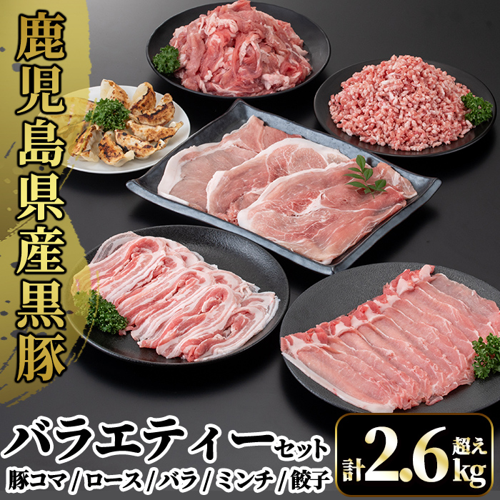 A8-012 国産!鹿児島県産黒豚バラエティーセット計2.6kg超え(小間切れ250g×4P・ロース300g・バラ300g・ミンチ500g・モモ500g・餃子10個入)【肉の豊楽】鹿児島県霧島市18000肉豚肉