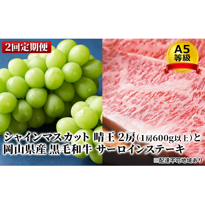 フルーツ 肉 2025年 晴れの国 おかやま シャイン マスカット 晴王 2房 と A5等級 黒毛 和牛 サーロイン ステーキ 2回 定期便 果物 お肉 岡山県玉野市42000肉牛肉
