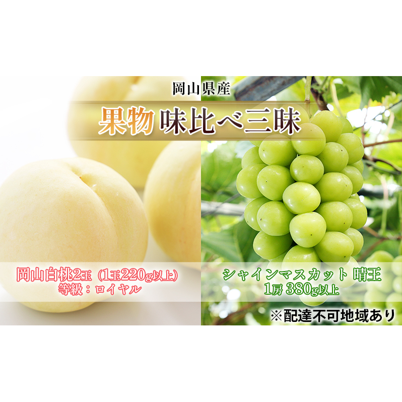桃 ぶどう 2026年 先行予約 果物 味比べ三昧 岡山 白桃 2玉 等級:ロイヤル(1玉220g以上) シャイン マスカット 晴王 1房 380g以上 詰合せ もも 葡萄 岡山県産 国産 フルーツ 果物 ギフト 岡山県