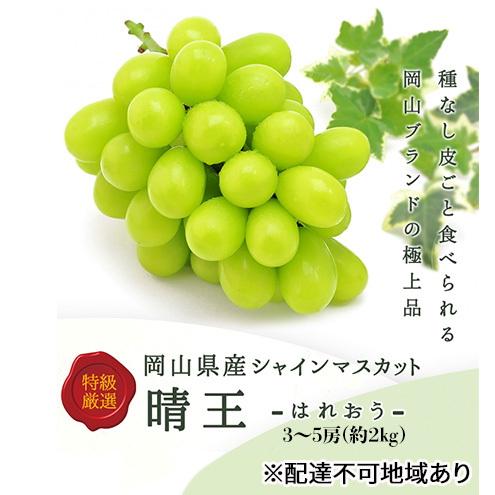 ぶどう 2025年 先行予約 シャインマスカット晴王 3〜5房 (約2kg) ブドウ 葡萄 岡山県産 国産 フルーツ 果物 ギフト 岡山県玉野市38000果物・フルーツマスカット・ぶどう