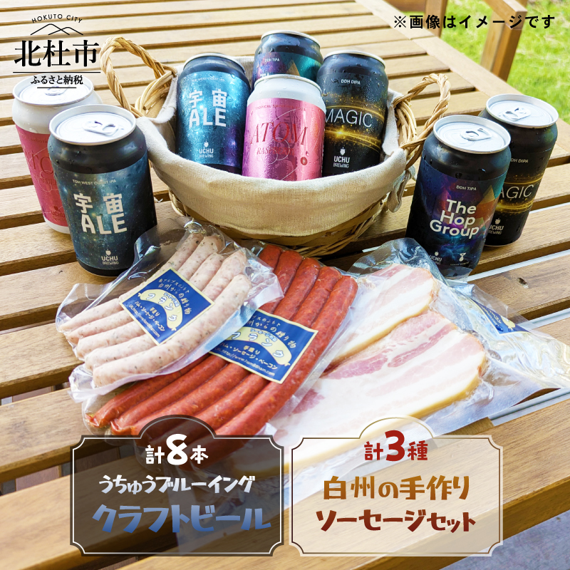 うちゅうブルーイング クラフトビール8本と名水百選で知られる白州の手作りソーセージ3種セット山梨県北杜市36000酒・アルコール