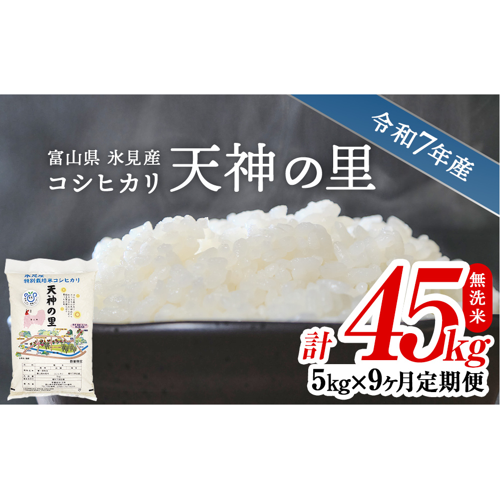 〈9ヶ月定期便〉 令和7年産 富山県産 特別栽培米コシヒカリ 天神の里5kg 無洗米富山県氷見市160000米・パン無洗米