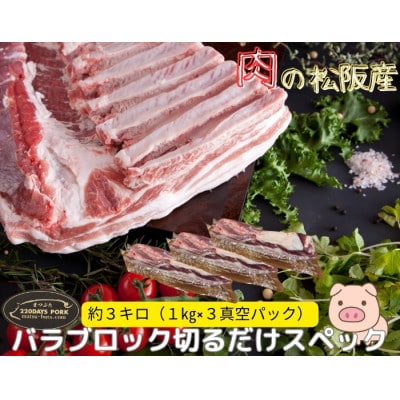 松阪豚 バラ 切るだけスペック ブロック肉 約3kg BBQやパーティーにインパクトのある豚肉【配送不可地域:離島】【1611824】三重県松阪市48000肉豚肉