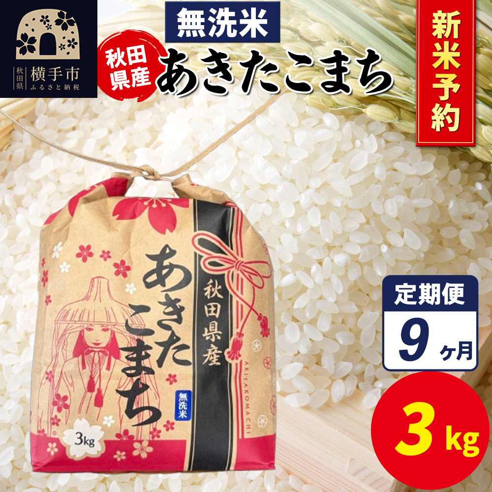 《令和7年産 新米受付》《定期便9ヶ月》あきたこまち 3kg×1袋【無洗米】令和7年産 秋田県産 こまちライン秋田県横手市132000米・パン無洗米