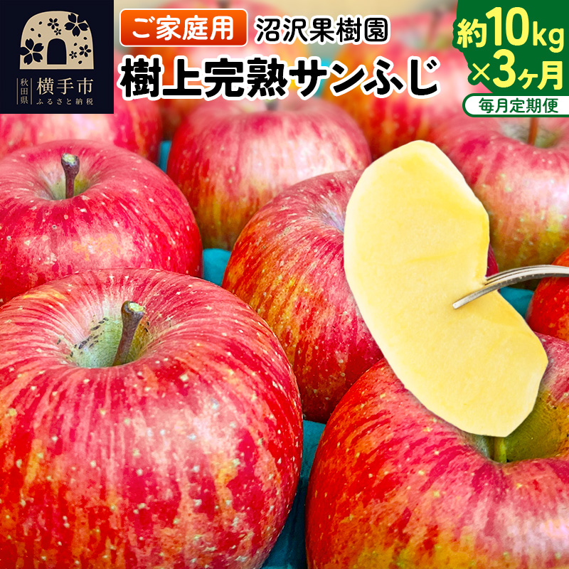 《定期便3ヶ月》樹上完熟サンふじ ご家庭用 約10kg(1回26〜46玉前後)×3回 計30kg 3か月 3ヵ月 3カ月 3ケ月秋田県横手市60000果物・フルーツ
