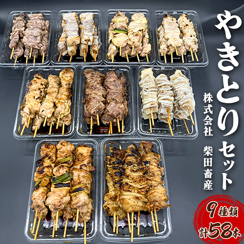 やきとりセット 計58本(ももたれ、もも塩、ねぎたれ、ねぎ塩、かしらたれ、さがり、バラ、なんこつ、皮たれ)秋田県横手市40000肉豚肉