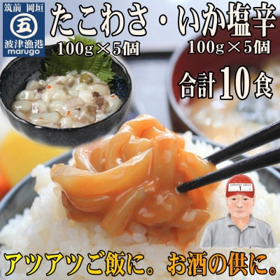【発送月固定定期便】たこわさ100g×5個・いか塩辛100g×5個(岡垣町)全4回【配送不可地域:離島】【4002940】福岡県岡垣町57000魚介・海産物その他 魚介・海産物