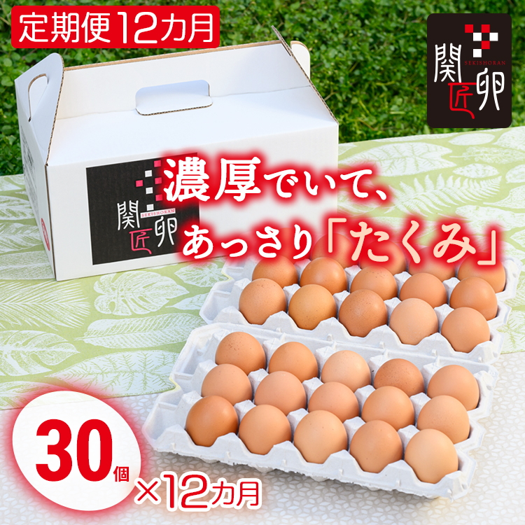 【定期便12か月】関匠卵 たくみ 30個×12か月|卵 30個 赤玉 玉子 たまご 生卵 鶏卵 産みたて 新鮮 濃厚 健康 TKG たまごかけごはん ご飯のお供 国産 ギフト 贈答 贈り物 お中元 お歳暮 プレゼン