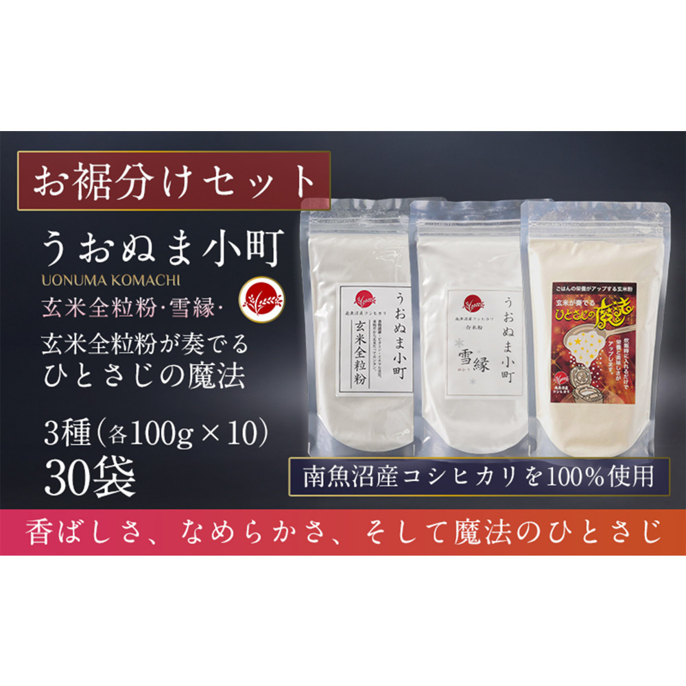 米粉の最高峰 品質・高性能米粉3種 お裾分けセット うおぬま町・うおぬま小町 雪縁(ゆかり)・玄米が奏でるひとさじの魔法 各100g 10セット新潟県南魚沼市48000米・パン玄米・雑穀米・