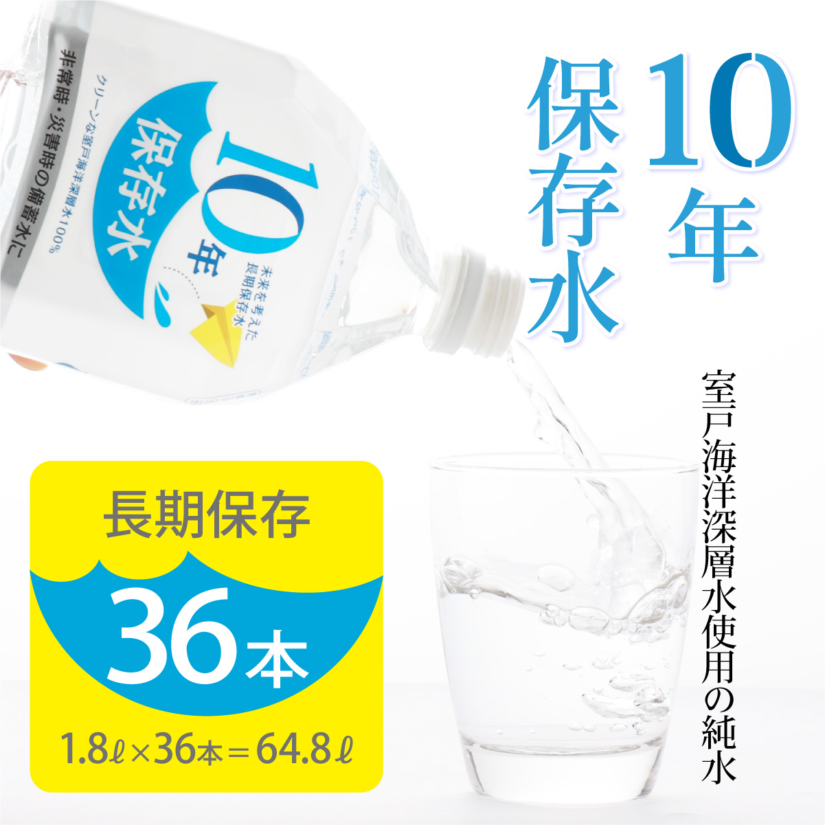 ak028 10年保存水 大人3人 1週間分 計64.8L 1.8L×36本セット 水 10年保存可能 室戸海洋深層水100%使用 ミネラルウォーター ペットボトル 長期保存水 備蓄水 備蓄用 非常災害備蓄用 災害用 避難用