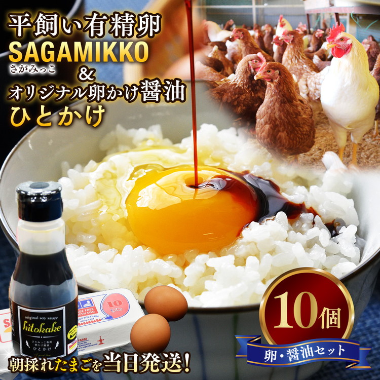 卵かけご飯 相性抜群!【醤油セット】《かながわブランド認定》平飼い有精卵「さがみっこ」10個+オリジナル卵かけ醤油「ひとかけ」1本|平飼い ケージフリー 卵 有精卵 鶏卵 玉子 たまご