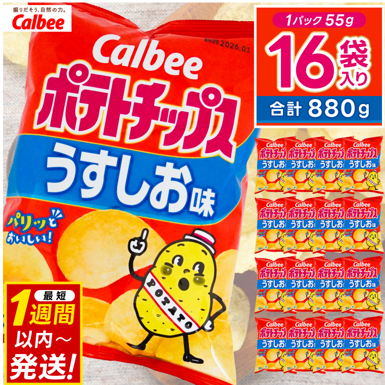 ポテトチップス カルビー 「うすしお味」16袋(55g×16袋)1ケース 総計880g【ポテチ Calbee うすしお うす塩 セット 菓子 ポテト チップス スナック おやつ しお じゃがいも ジャガイモ お取り寄