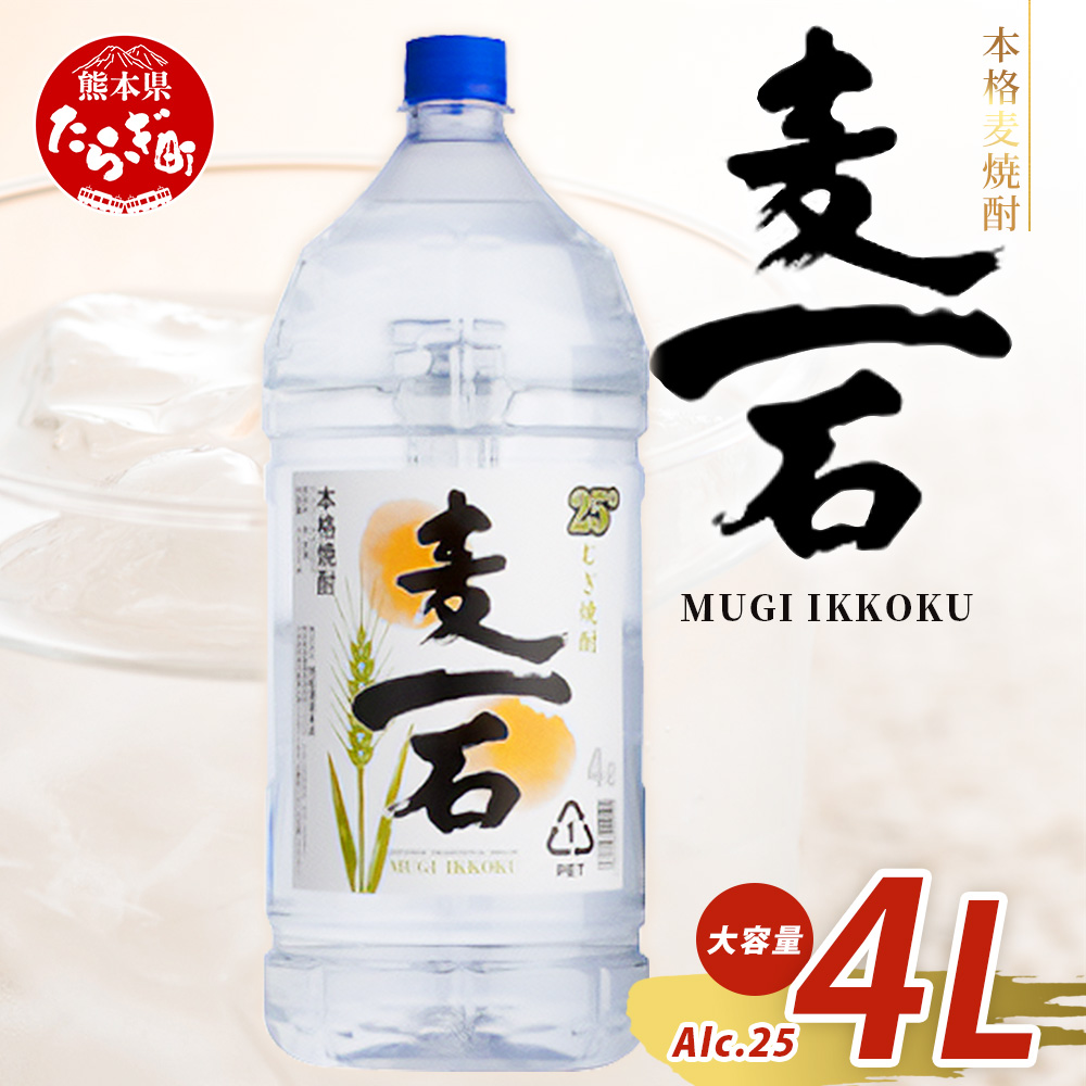 球磨焼酎【麦一石】4L エコペット 25度 麦焼酎 蔵元直送 4000ml 酒 焼酎 本格焼酎 大容量 熊本 球磨 球磨焼酎 多良木町 040-0586熊本県多良木町11000酒・アルコール焼酎