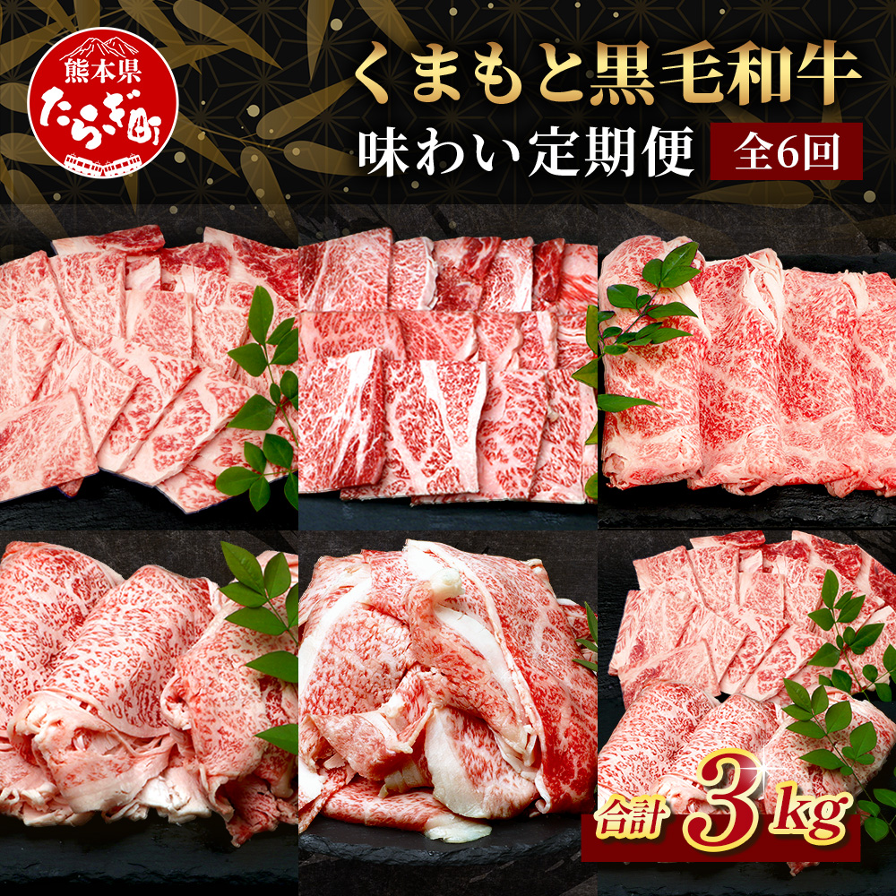 【定期便6回】くまもと黒毛和牛 味わい 定期便〜合計 3kg 《 黒毛 和牛 ロース 焼き肉 すき焼き 切り落とし 赤身 スライス 和王 》 肉 すき焼き 焼肉 霜降り 上質 ブランド牛 国産 牛肉 冷凍