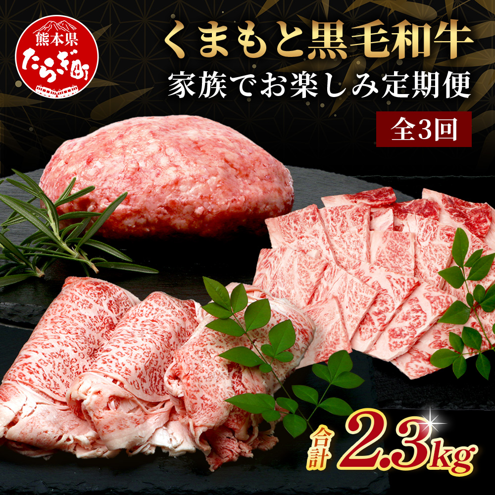 【定期便3回】くまもと黒毛和牛 家族でお楽しみ定期便 《 ロース すき焼き 焼肉 ハンバーグ10個 》【合計2.3kg】黒毛 和牛 焼き肉 すスキヤキ 焼き肉 上質 ブランド牛 国産 牛肉 冷凍 熊本県 1
