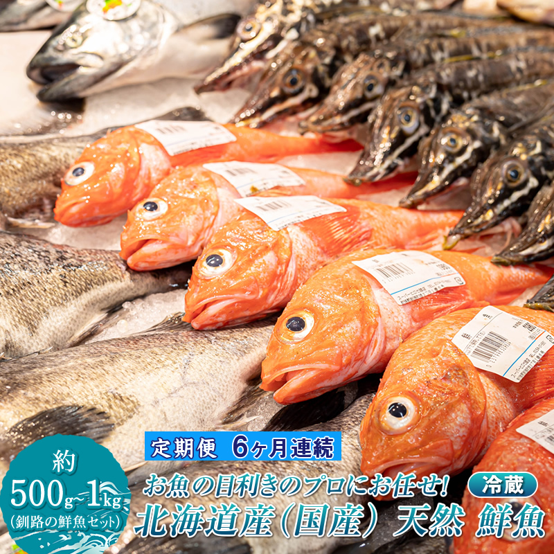 【定期便 6ケ月連続】 お魚の目利きのプロにお任せ!北海道産(国産) 天然 鮮魚 約500g〜1kg(釧路の鮮魚セット) 産地直送 冷蔵 冷蔵便 刺身 セット 鮮魚セット 鮮魚ボックス 定期便 魚介