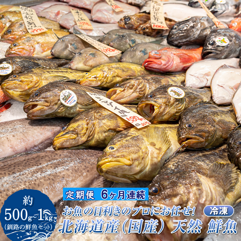 【定期便 6ケ月連続】 お魚の目利きのプロにお任せ!北海道産(国産) 天然 鮮魚 約500g〜1kg(釧路の鮮魚セット) 産地直送 冷凍 冷凍便 刺身 セット 鮮魚セット 鮮魚ボックス 定期便 魚介