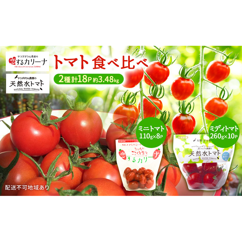 トマト 食べ比べ 2種 天然水トマト カリーナ 計18パック ミニトマト 兵庫県産 野菜 高品質 1箱 甘い あまい 夏野菜 糖度 お取り寄せ 兵庫県加西市15000野菜・きのこトマト