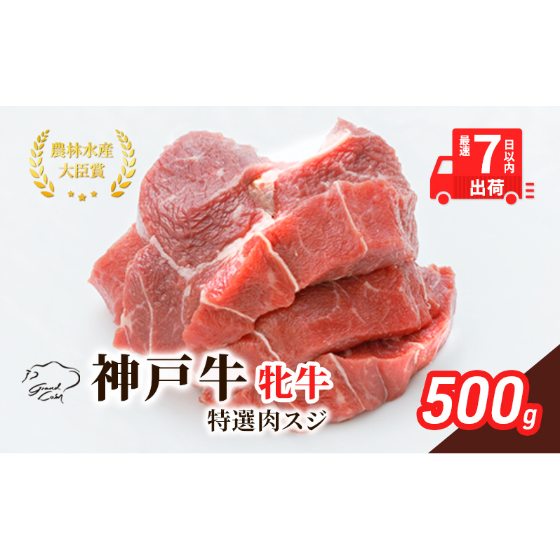 【最短7日以内発送】 神戸ビーフ 神戸牛 牝 特選肉スジ(角切りカレー煮込み用) 500g 川岸畜産 煮込み おでん カレー 冷凍 肉 牛肉 すぐ届く お肉 和牛 食材 グルメ ブランド牛 日本産 国産
