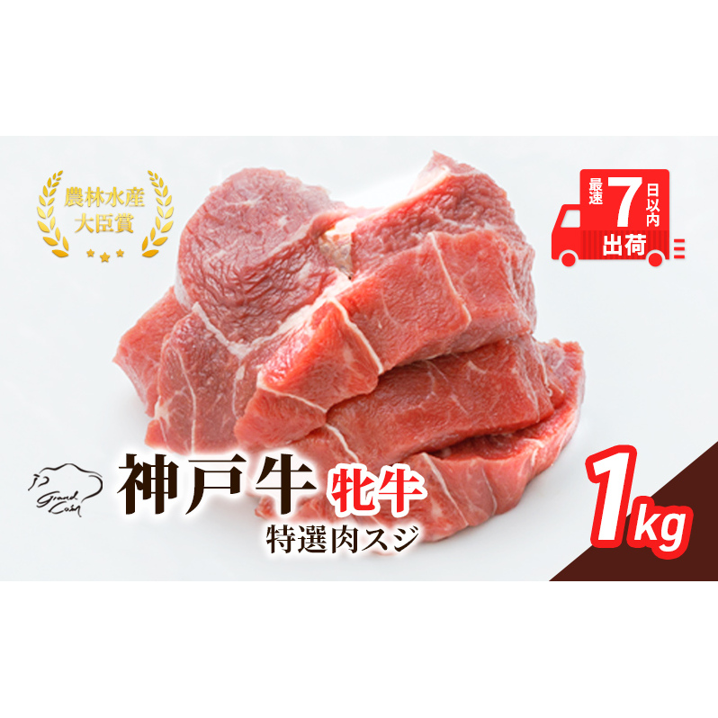 【最短7日以内発送】 神戸ビーフ 神戸牛 牝 特選肉スジ(角切りカレー煮込み用)大容量 1000g  1kg 川岸畜産 煮込み おでん カレー 冷凍 肉 牛肉 すぐ届く お肉 和牛 食材 グルメ ブランド牛 日