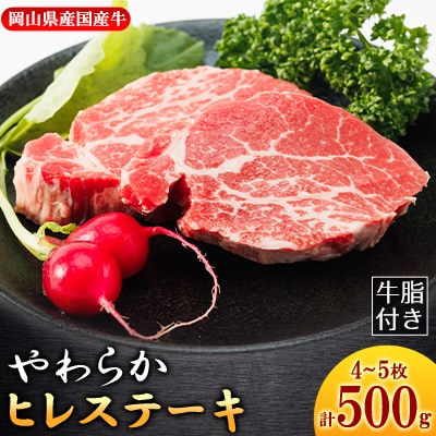 【岡山県産国産牛】やわらかヒレステーキ 4〜5枚(500g)牛脂付き【配送不可地域:離島】【1419945】岡山県津山市17000肉牛肉