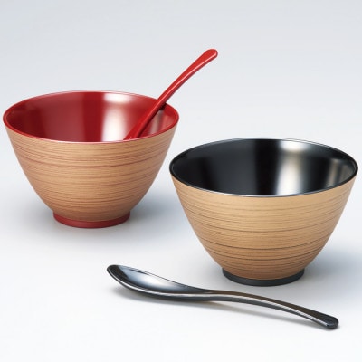 越前塗 金刷毛多用椀ペア スプーンセット 吟朱・黒 φ12.2×7.4cm 食洗機・レンジ対応【1521342】福井県鯖江市18000雑貨・日用品食器・グラス