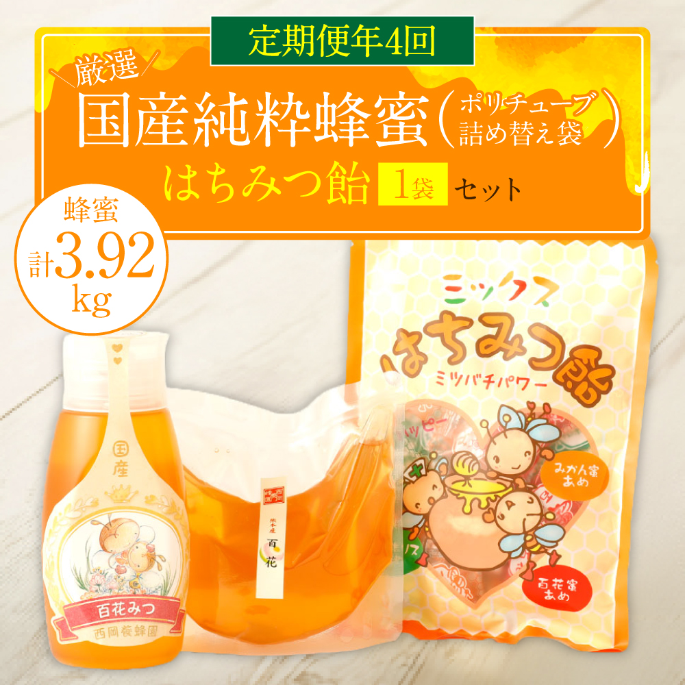 【定期便 年4回】【厳選】ポリチューブ蜂蜜&詰め替え袋+蜂蜜あめ袋熊本県八代市64000鍋セット・総菜・加工食品ジャム・はちみつ