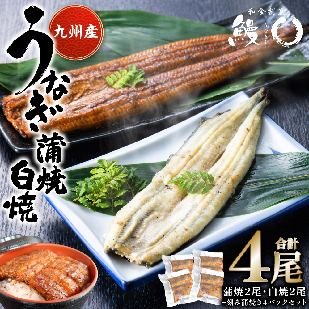 蒲焼き 2尾 白焼き 2尾 刻み蒲焼き 4PCセット うなぎ ウナギ お祝い 国産 蒲焼き かばやき 冷凍 丑の日 秘伝タレ 無頭 うな丼 うな重 ひつまぶし熊本県八代市90000魚介・海産物うなぎ