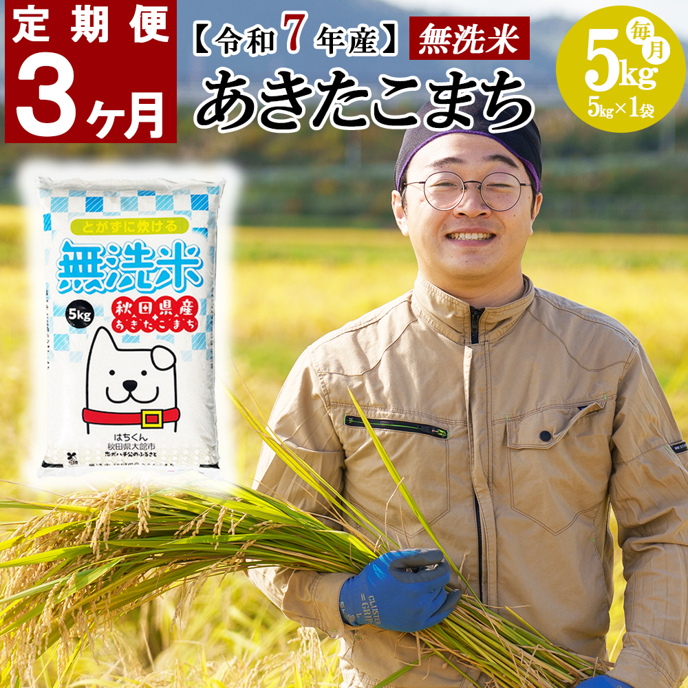 【定期便3ヶ月】<新米先行受付>令和7年産 秋田県産米「あきたこまち(無洗米)」 5kg(5kg×1袋) 225P9204秋田県大館市45000米・パン無洗米
