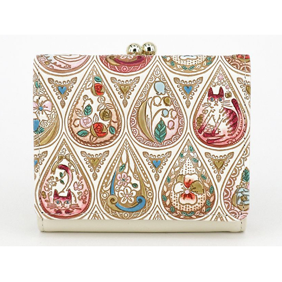 【文庫屋大関】三つ折りミニ財布 花と猫(ローズ)【皮革工芸品】 ファッション 小物 民芸品 お札 カード 小銭 手のひらサイズ コンパクト 蝶々 牛革 手作り 国産 東京都墨田区87000衣類・