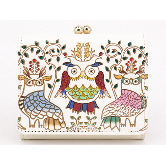 【文庫屋大関】三つ折りミニ財布 ふくろう【皮革工芸品】 ファッション 小物 民芸品 お札 カード 小銭 手のひらサイズ コンパクト 福来朗 福老 商売繁盛 牛革 手作り 国産 東京都墨田区870